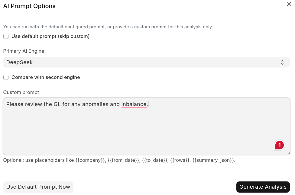 AI prompt configuration interface